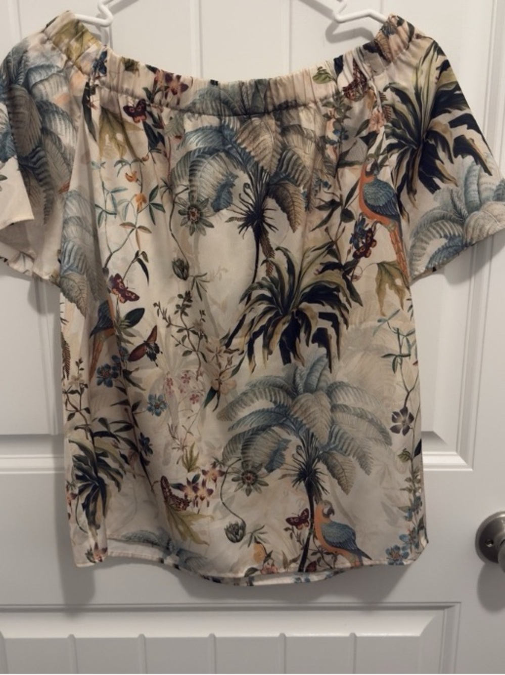 Off-Shoulder Tropical Print Blouse in Cream and Blue